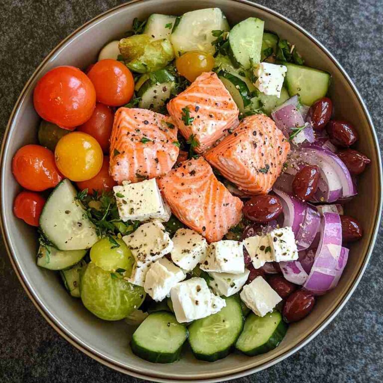 Greek Salad with Seared Salmon