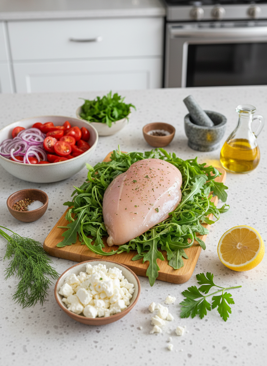 Ingredients for chicken arugula feta salad