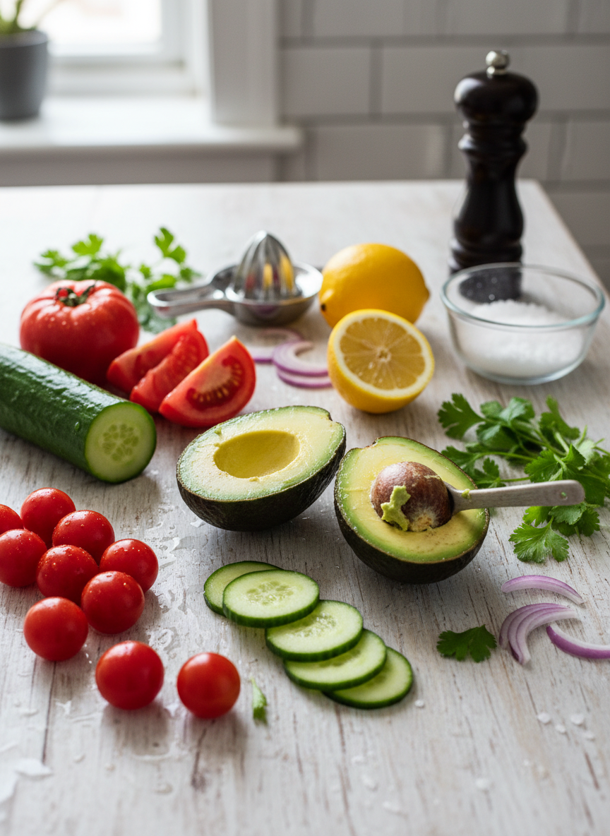 Ingredients for cucumber tomato avocado salad with lemon