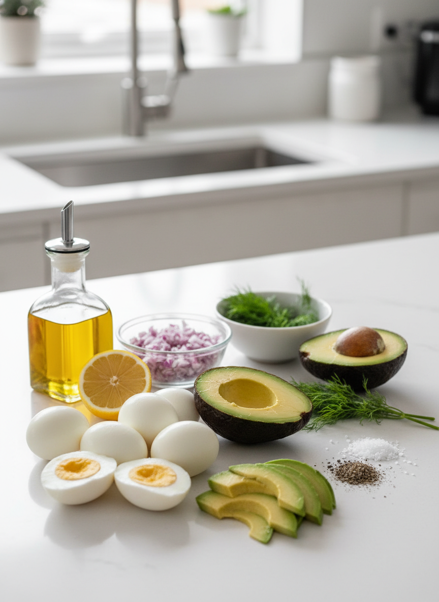 Ingredients for egg salad with avocado no mayo
