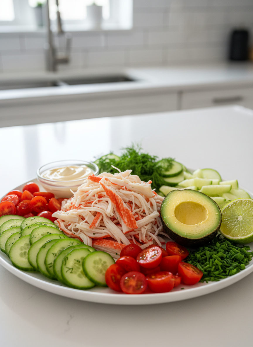 Ingredients for kani salad with avocado