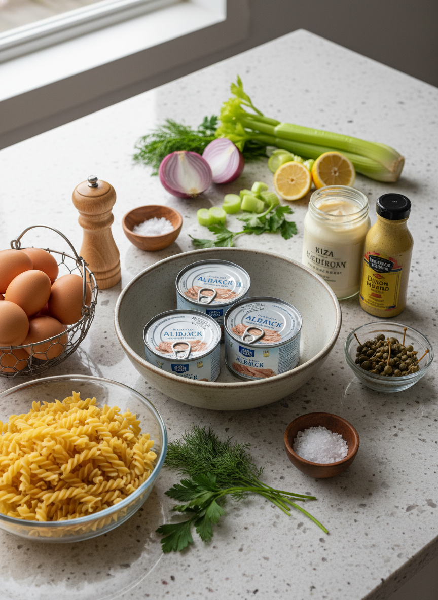 Ingredients for tuna salad recipe with egg and noodles